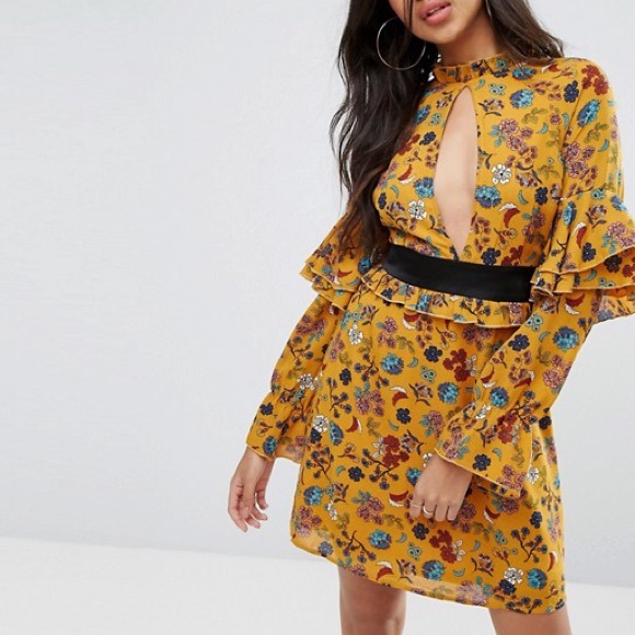 Burgundy Mustard Ruffle Dress - Picture 2 of 8